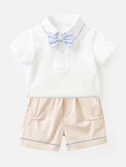Baby Boy Summer Korean Style Boys' White Shirt And Apricot Shorts Gentleman Style Solid Color Kids' Suit, 2Pcs/Set