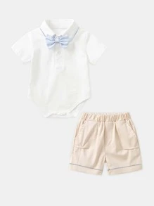 Baby Boy Summer Korean Style Boys' White Shirt And Apricot Shorts Gentleman Style Solid Color Kids' Suit, 2Pcs/Set - Multicolor - View 3
