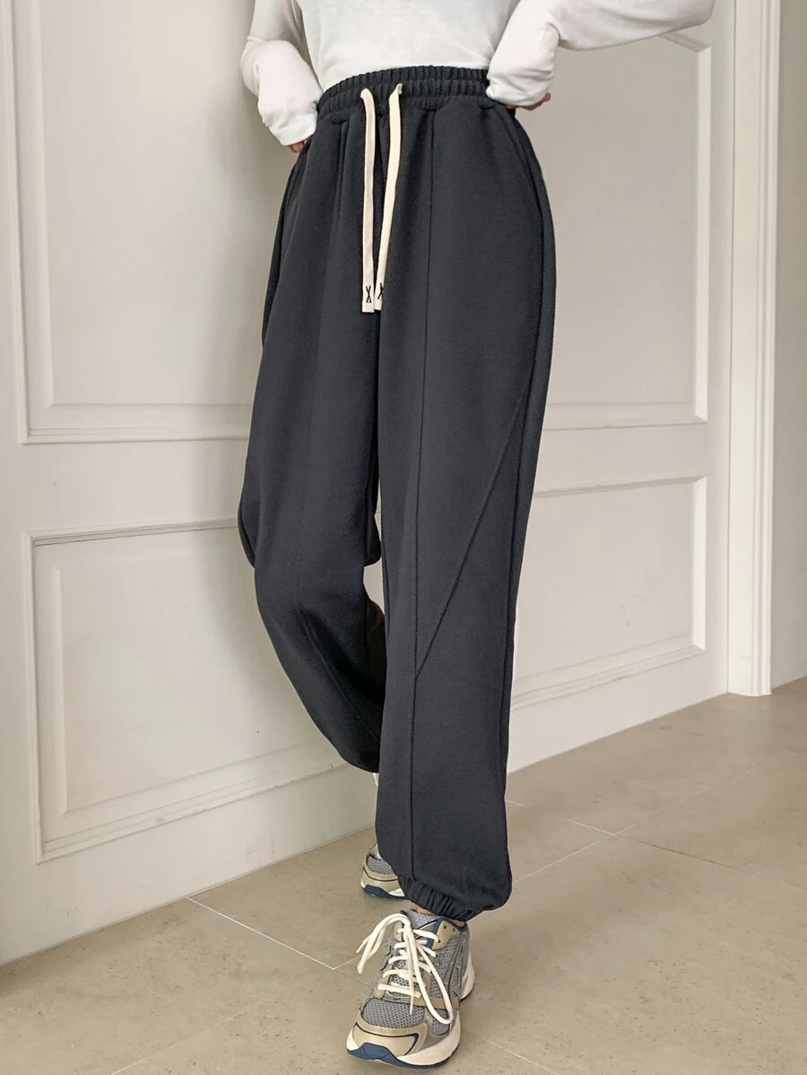 DAZY Drawstring Waist Seam Detail Joggers - Dark Grey - View 1
