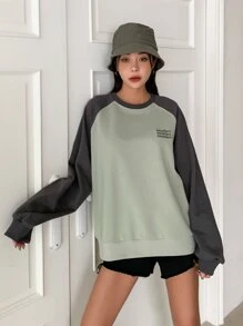 DAZY Letter Graphic Raglan Sleeve Two Tone Sweatshirt - Multicolor - View 5