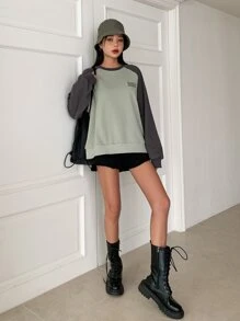 DAZY Letter Graphic Raglan Sleeve Two Tone Sweatshirt - Multicolor - View 7