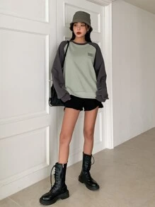 DAZY Letter Graphic Raglan Sleeve Two Tone Sweatshirt - Multicolor - View 8