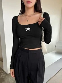 DAZY 星星印花圆领短款 T 恤 Y2k，秋季女装长袖上衣 - 黑色 - 查看 1
