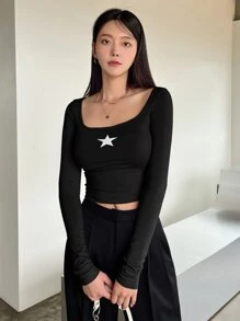DAZY 星星印花圆领短款 T 恤 Y2k，秋季女装长袖上衣 - 黑色 - 查看 3