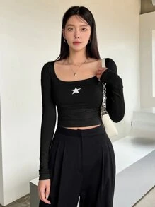 DAZY 星星印花圆领短款 T 恤 Y2k，秋季女装长袖上衣 - 黑色 - 查看 4