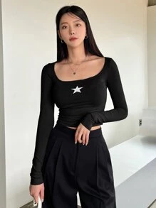 DAZY 星星印花圆领短款 T 恤 Y2k，秋季女装长袖上衣 - 黑色 - 查看 5