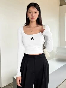 DAZY In Sao Scoop Cổ Áo phông Crop - trắng - Xem 4