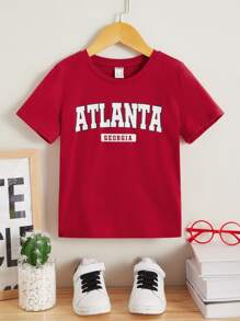 SHEIN 小男童字母圖案T恤 - 酒紅色 - 查看 1