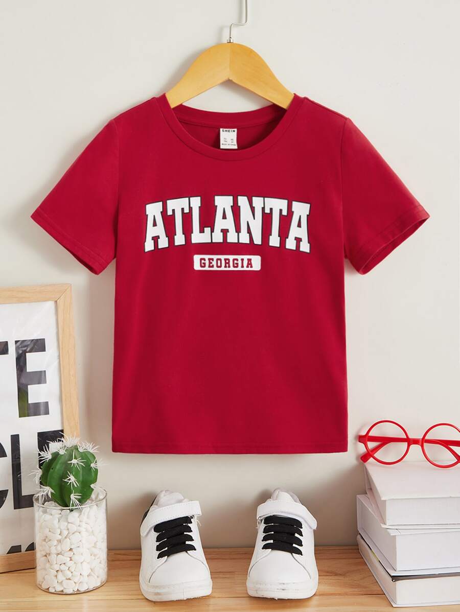 SHEIN 小男童字母圖案T恤 - 酒紅色 - 查看 1