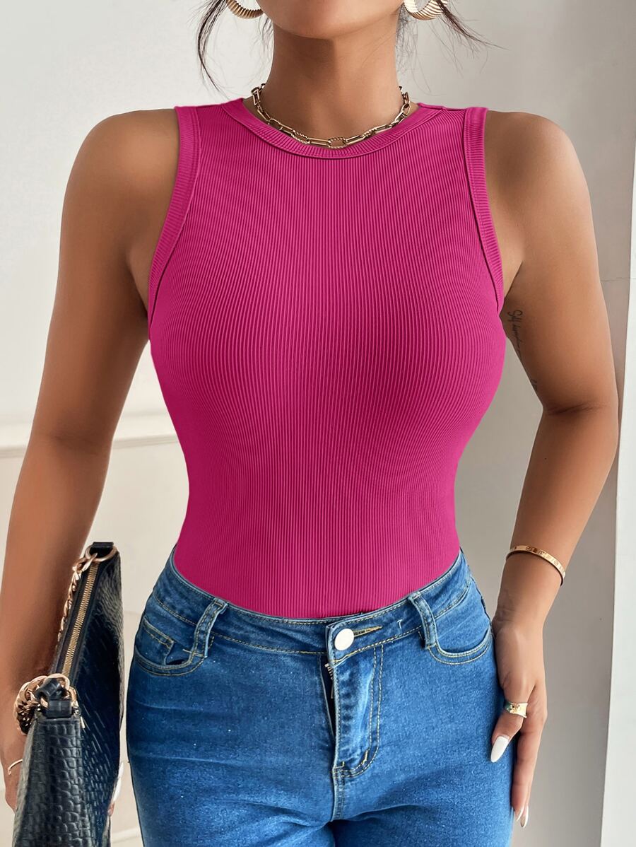 SHEIN PETITE Solid Ribbed Knit Tank Top - Hot Pink - View 1