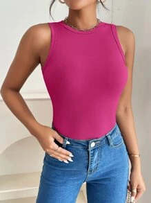 SHEIN PETITE Solid Ribbed Knit Tank Top - Hot Pink - View 6