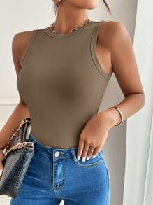 SHEIN PETITE Top tank unicolor tejido de canalé - Verde militar - Ver 4