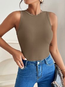 SHEIN PETITE Top tank unicolor tejido de canalé - Verde militar - Ver 5