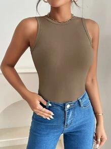 SHEIN PETITE Top tank unicolor tejido de canalé - Verde militar - Ver 6