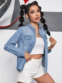 Camisa mezclilla con bolsillo con solapa con botón delantero - Lavado ligero - Ver 4