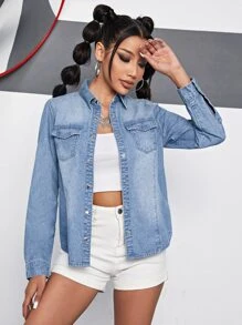 Camisa mezclilla con bolsillo con solapa con botón delantero - Lavado ligero - Ver 6