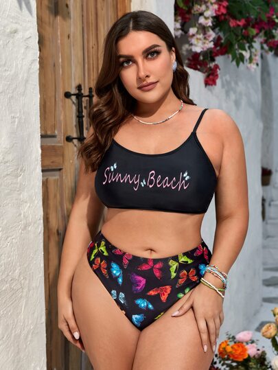 大尺寸蝴蝶印花比基尼套裝夏季海灘