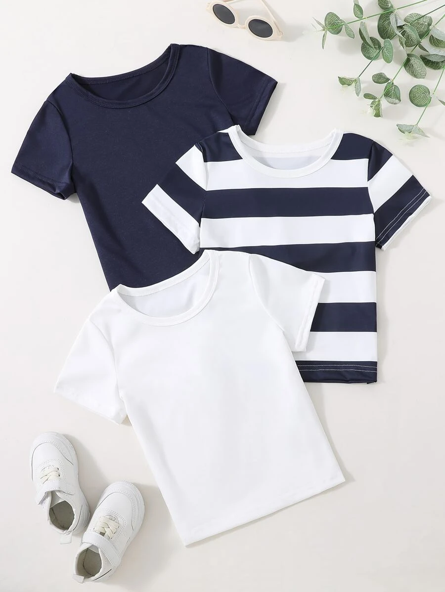 Toddler Boys 3pcs Striped Print Tee - Blue and White - View 1
