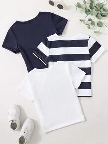 Toddler Boys 3pcs Striped Print Tee - Blue and White - View 2