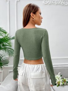 SHEIN EZwear Sweetheart Neck Ribbed Knit Crop Tee - Army Green - View 2