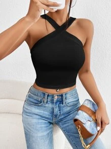 SHEIN Privé Solid Halter Crop Top - Black - View 1
