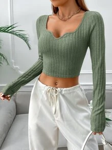 SHEIN EZwear Sweetheart Neck Ribbed Knit Crop Tee - Army Green - View 4