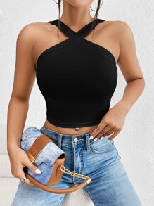 SHEIN Privé Solid Halter Crop Top - Black - View 3