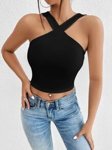 SHEIN Privé Solid Halter Crop Top - Black - View 5