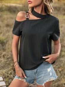 SHEIN Privé Blusa de cuello asimétrico con diseño de cadena - Negro - Ver 1