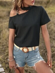 SHEIN Privé Blusa de cuello asimétrico con diseño de cadena - Negro - Ver 3