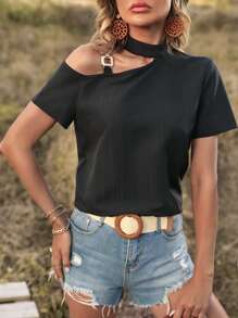 SHEIN Privé Blusa de cuello asimétrico con diseño de cadena - Negro - Ver 4