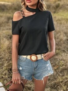 SHEIN Privé Blusa de cuello asimétrico con diseño de cadena - Negro - Ver 5