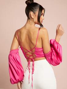 SHEIN BAE Cold Shoulder Lantern Sleeve Satin Crop Top - Hot Pink - View 1