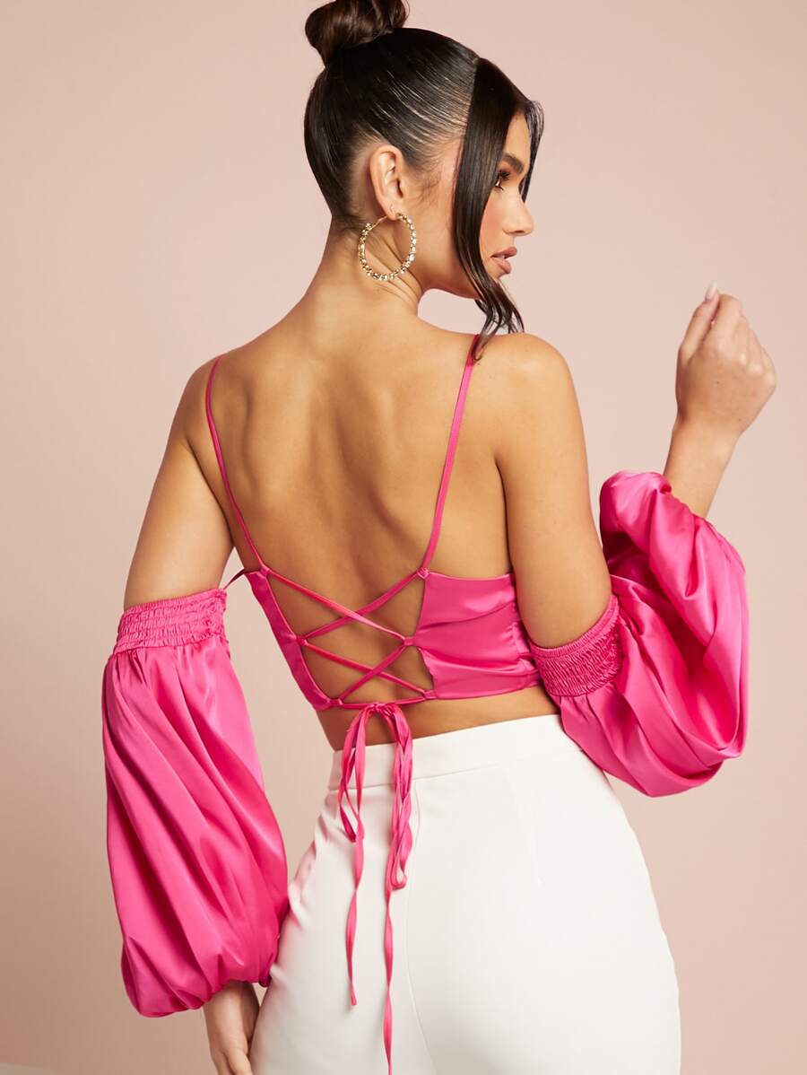 SHEIN BAE Cold Shoulder Lantern Sleeve Satin Crop Top - Hot Pink - View 1