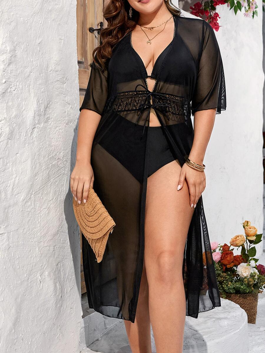 Plus Contrast Lace Tie Front Kimono - Black - View 1