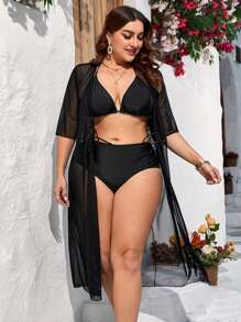 Plus Contrast Lace Tie Front Kimono - Black - View 5
