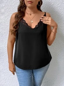 SHEIN Privé Plus Contrast Lace Cami Top - Black - View 6