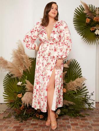 SHEIN Belle Plus Floral Print Plunging Neck Lantern Sleeve Split Thigh Bridesmaid Dress