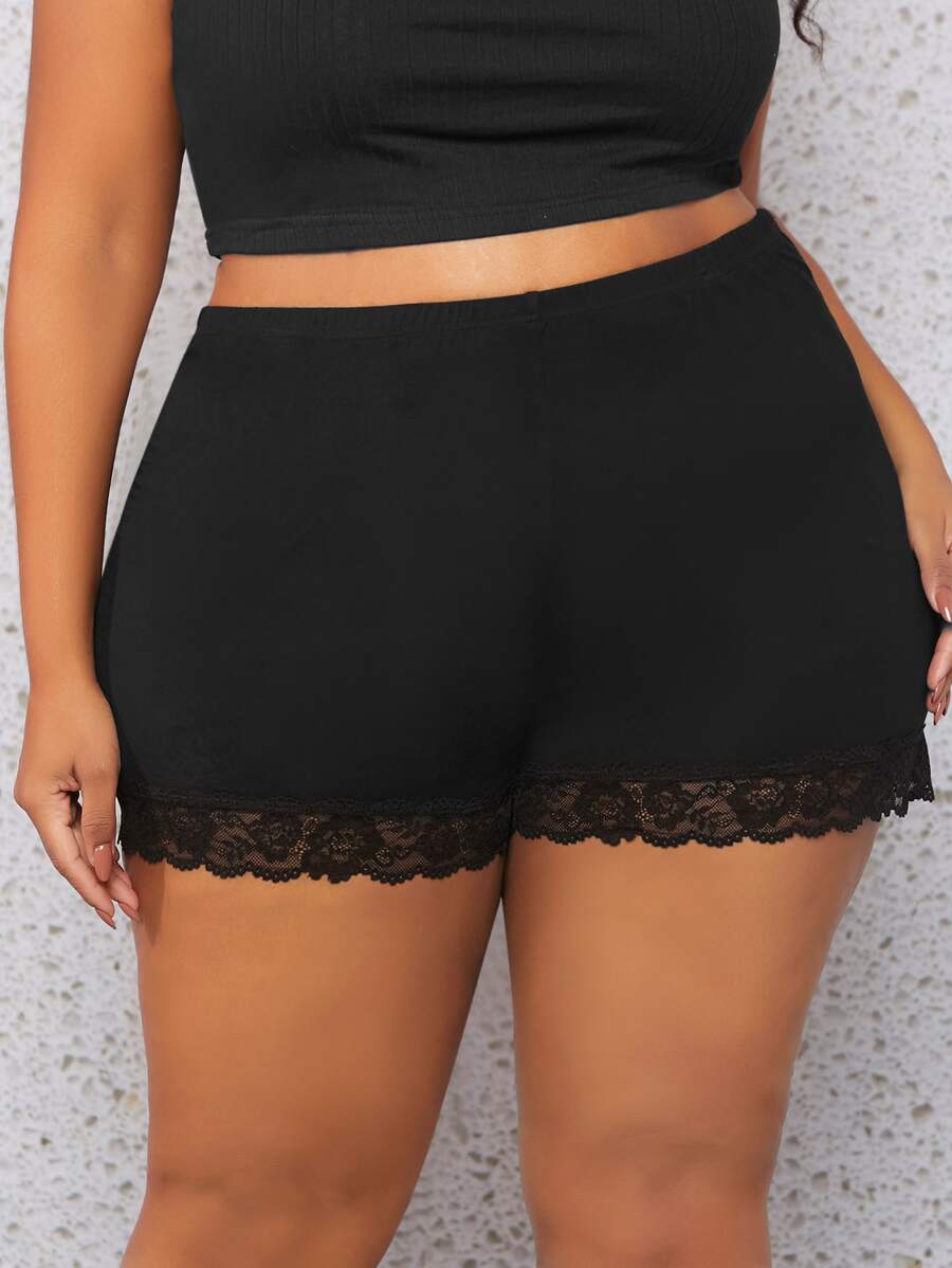 SHEIN CURVE+ Plus Lace Trim Cycling Shorts - Black - View 1