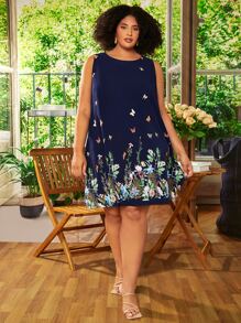 SHEIN CURVE+ Plus Butterfly & Floral Print Dress - Navy Blue - View 3