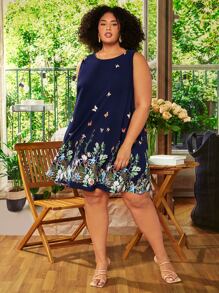 SHEIN CURVE+ Plus Butterfly & Floral Print Dress - Navy Blue - View 4