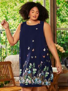 SHEIN CURVE+ Plus Butterfly & Floral Print Dress - Navy Blue - View 5