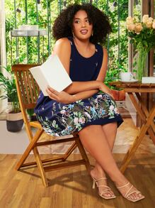 SHEIN CURVE+ Plus Butterfly & Floral Print Dress - Navy Blue - View 6