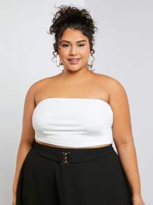 SHEIN CURVE+ áo nữ kích thước lớn Dải chun màu trơn Giải trí - trắng - Xem 1