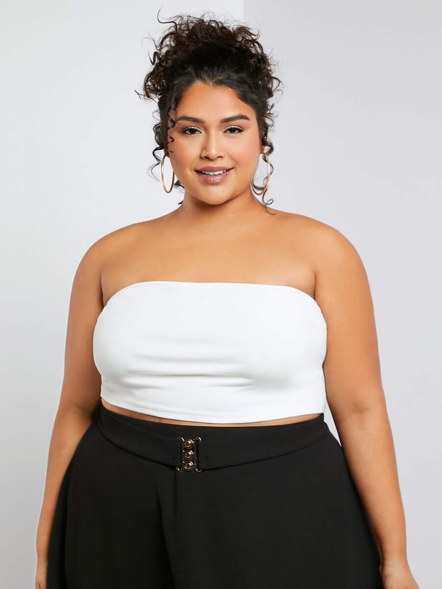 SHEIN CURVE+ áo nữ kích thước lớn Dải chun màu trơn Giải trí - trắng - Xem 1