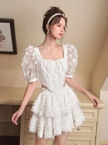 SHEIN MOD Floral Appliques Ruched Bust Asymmetrical Hem Crop Top - White - View 2