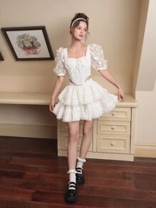 SHEIN MOD Floral Appliques Ruched Bust Asymmetrical Hem Crop Top - White - View 4