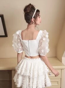 SHEIN MOD Floral Appliques Ruched Bust Asymmetrical Hem Crop Top - White - View 5