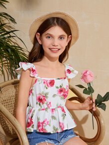 SHEIN Girls Floral Print Ruffle Trim Peplum Blouse - White - View 2