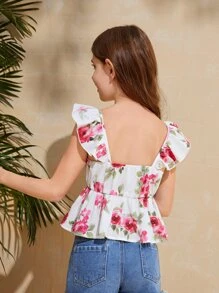 SHEIN Girls Floral Print Ruffle Trim Peplum Blouse - White - View 3